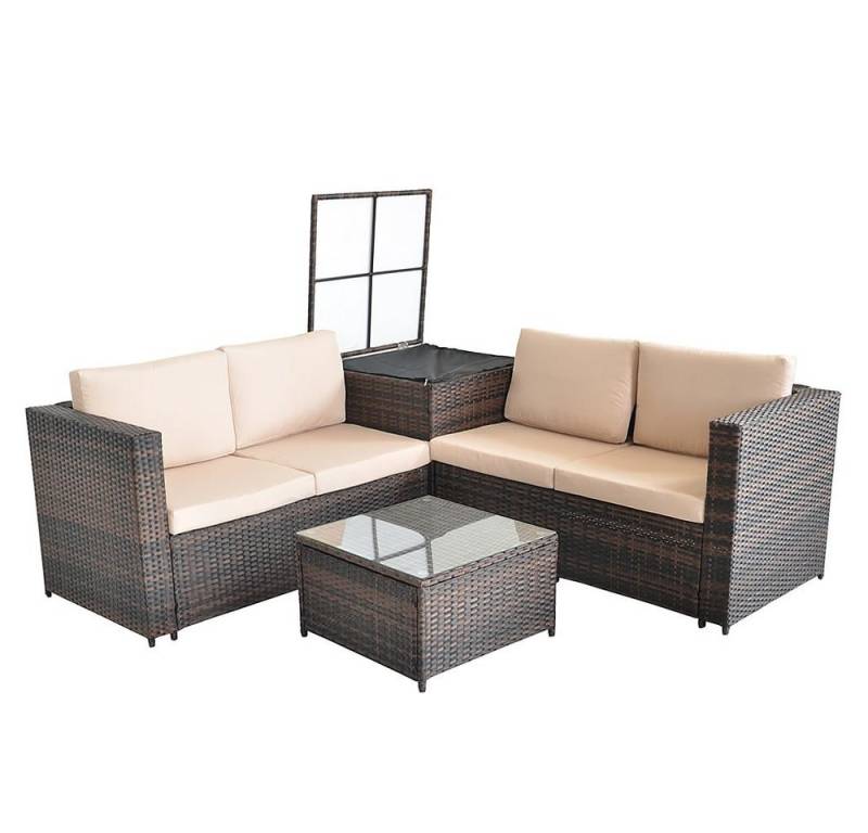 Feel2Home Garten-Essgruppe PolyRattan Sitzgruppe mit Auflagenbox in Schwarz, Grau oder Braun XXL, (2-tlg), Sicherheitsglasplatte von Feel2Home