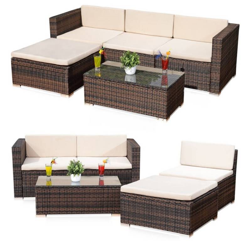 Feel2Home Garten-Essgruppe Gartenmöbel 5tlg Sitzgruppe Sofa Polyrattan Essgarnitur versch. Farben, (5-tlg), Schraub-Ausgleich-Standfüße von Feel2Home