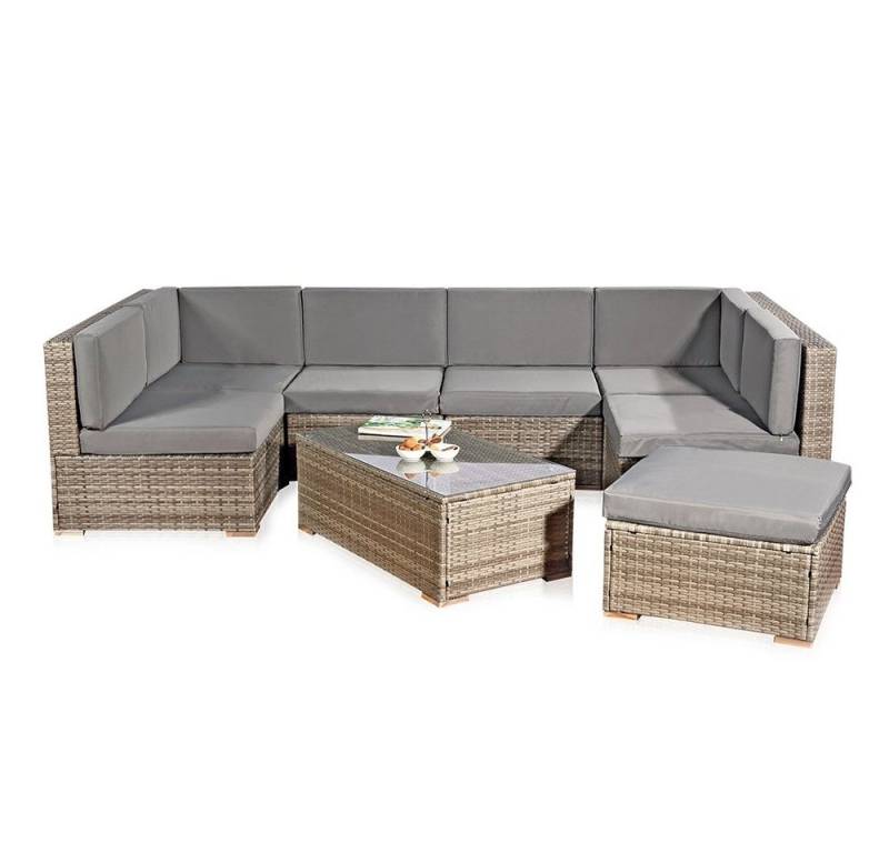 Feel2Home Garten-Essgruppe Gartensitzgruppe Terrassenmöbel Polyrattan Lounge versch. Farben, (8-tlg., 1x Mehrteiliger Sofa 1x Ottomane 1x Tisch), Kissen inkl. Reißverschluss, daher abnehm- und waschbar von Feel2Home