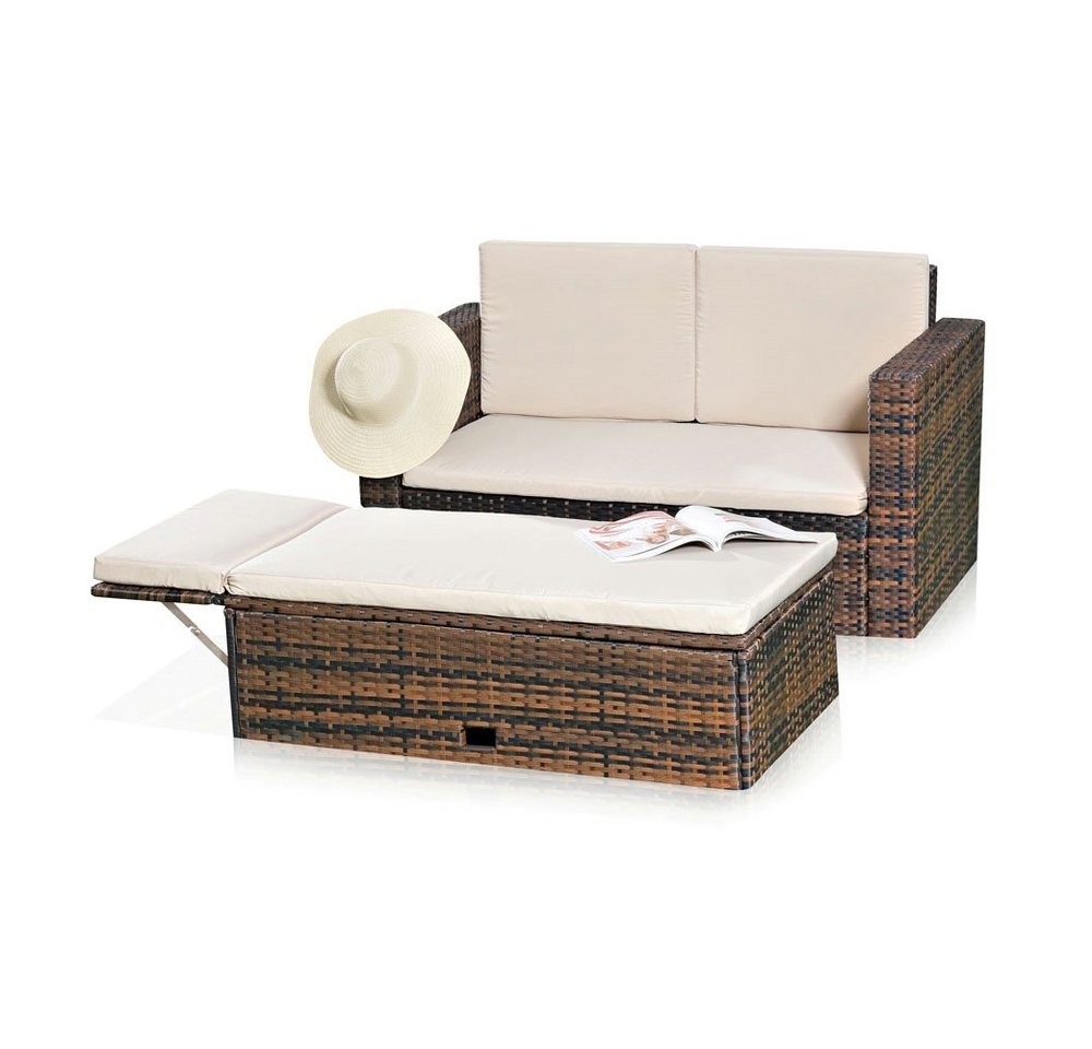 Feel2Home Gartenlounge-Set Gartensofa Fußbank Lounge Polyrattan Outdoor Garnitur versch. Farben, (2-tlg., Sofa & Ottomane), Kissen inkl. Reißverschluss daher abnehm- und waschbar von Feel2Home