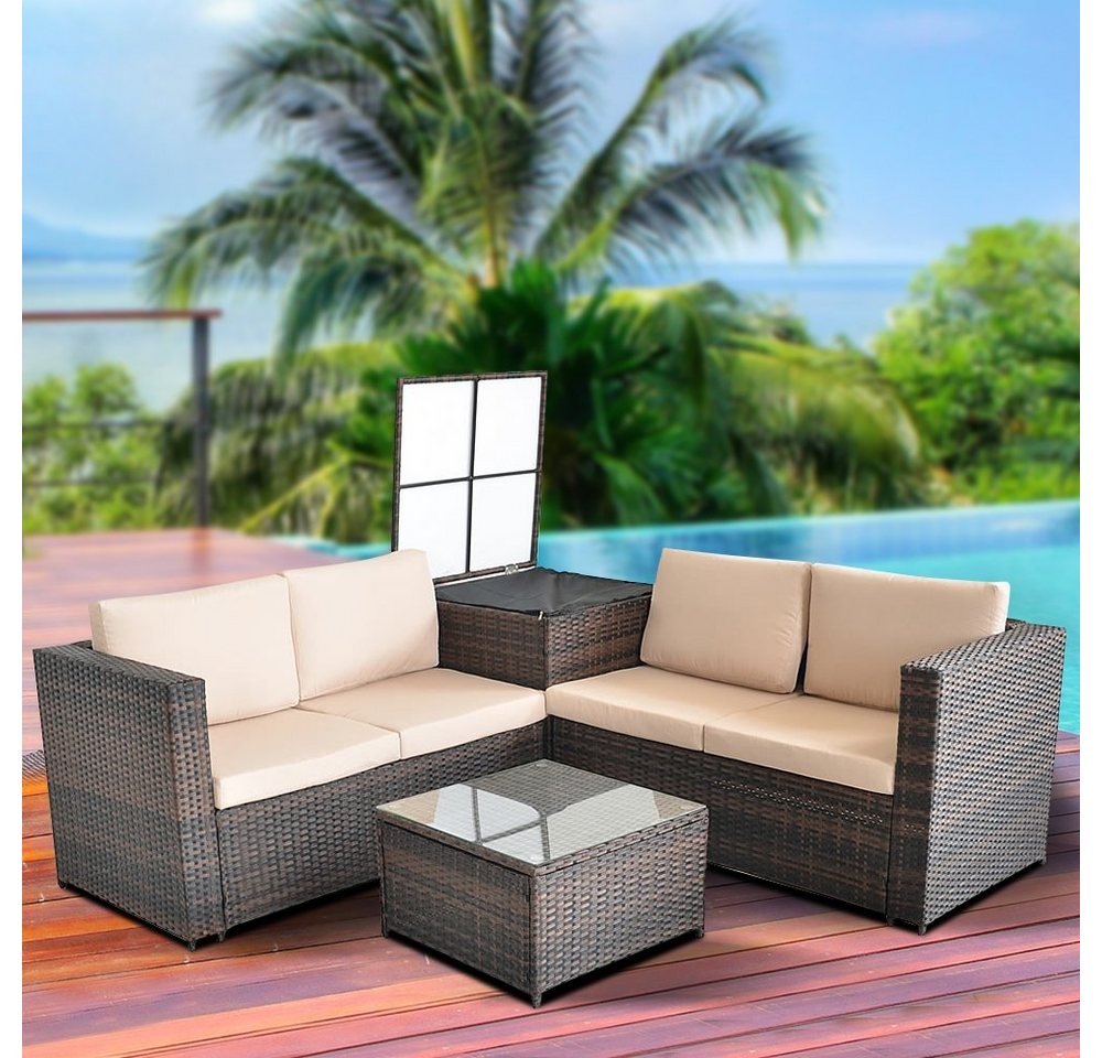 Feel2Home Gartenlounge-Set PolyRattan Sitzgruppe mit Auflagenbox in Schwarz, Grau oder Braun XXL, (2-tlg), Sicherheitsglasplatte von Feel2Home