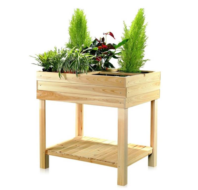 Feel2Home Hochbeet Hochbeet 4 Fächer Gartenbeet Holz Blumenständer Pflanzkasten Tisch (1 St), Mit Ablage von Feel2Home