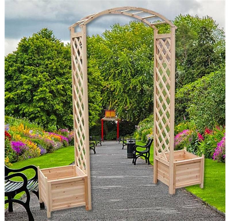 Feel2Home Rosenbogen Rosenbogen Natur mit Blumenkübeln Spalier Rankhilfegitter Holz Pergola, Mit 2 Pflanzkästen von Feel2Home