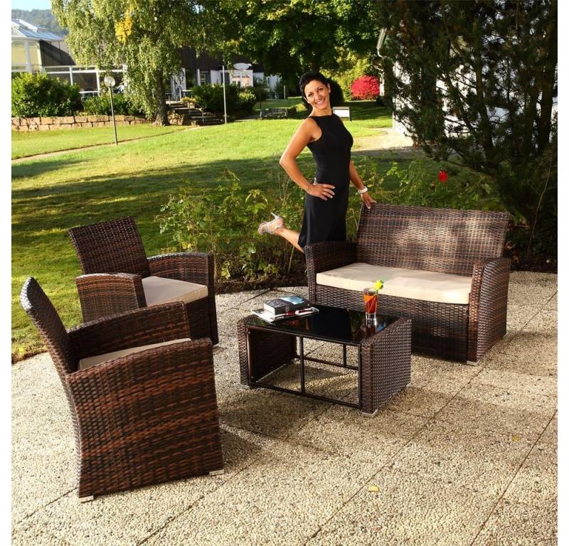 Feel2Home Garten-Essgruppe Gartenmöbel 4tlg. Braun Sitzgruppe Lounge Polyrattan Couch Essgarnitur, (4-tlg., 2x Stühle 1x Tisch 1x Bank), Polyrattan von Feel2Home