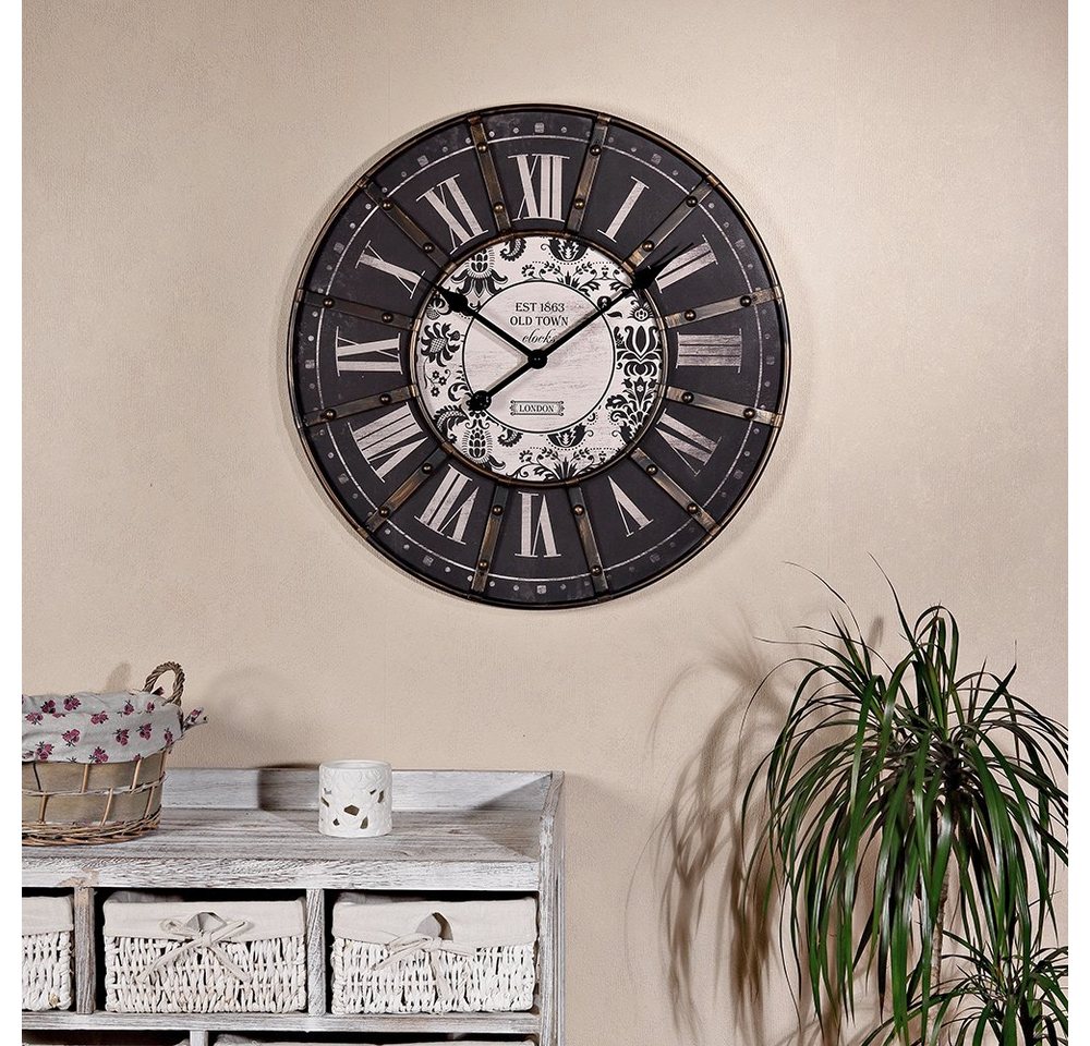 Feel2Home Wanduhr XXL Wohnzimmer Uhr Wanduhr Shabby Chic schwarz gelb ⌀60cm Metall (Lange filigrane Zeiger) von Feel2Home