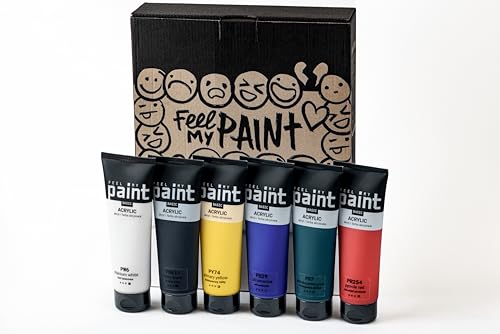 FeelMyPaint Acrylfarbe (6x120, 120 ml), 6 Tuben mit Grundfarben à 120 Milliliter. Weiß, Schwarz, Ultramarin, Grün, Gelb und Rot. von FeelMyPaint