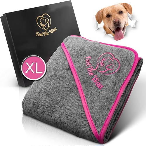 FeelTheWau Hundehandtuch extra saugfähig - Hundehandtuch für große Hunde und kleine Hunde - KUSCHELWEICH - Hunde Handtuch - Geschenk für Hundebesitzer (1er Pack 130x75cm, Grau/Pink) von FeelTheWau