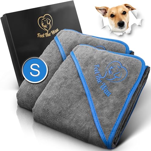 FeelTheWau Hundehandtuch extra saugfähig - Hundehandtuch für kleine Hunde - KUSCHELWEICH - Hunde Handtuch - Geschenk für Hundebesitzer (2er Pack 90x50cm, Grau/Blau) von FeelTheWau