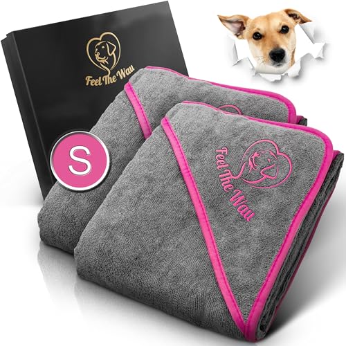 FeelTheWau Hundehandtuch extra saugfähig - Hundehandtuch für kleine Hunde - KUSCHELWEICH - Hunde Handtuch - Geschenk für Hundebesitzer (2er Pack 90x50cm, Grau/Pink) von FeelTheWau