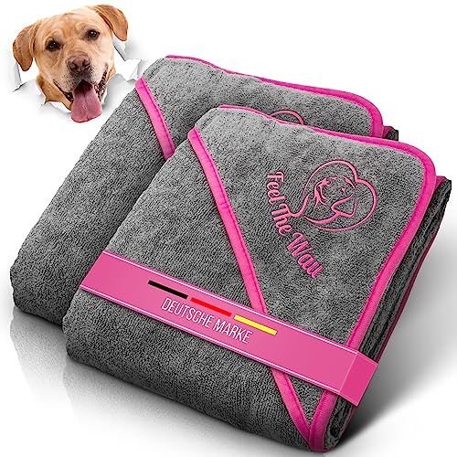 FeelTheWau Hundehandtuch große Hunde - 2er Set - Hundehandtuch Extra saugfähig - Hunde Handtuch mit Taschen - Beliebtes Geschenk Hundebesitzer - Design grau pink - 130x75cm von FeelTheWau