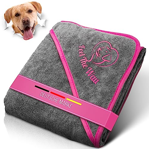 FeelTheWau Hundehandtuch große Hunde - Hundehandtuch Extra saugfähig - Für Waschmaschine und Trockner - Hunde Handtuch mit Taschen - Beliebtes Geschenk Hund - Design grau pink - 130x75cm von FeelTheWau