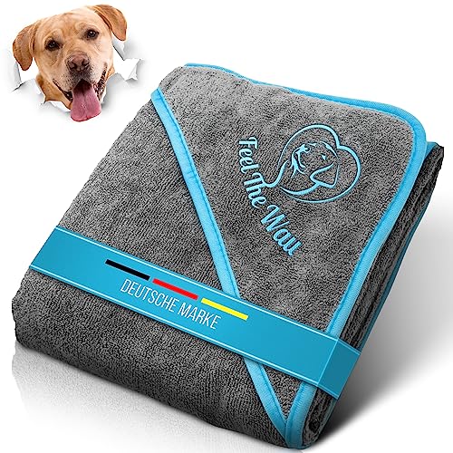 FeelTheWau Hundehandtuch große Hunde - Hundehandtuch Extra saugfähig - Für Waschmaschine und Trockner - Hunde Handtuch mit Taschen - Beliebtes Geschenk Hund - Design grau türkis - 130x75cm von FeelTheWau