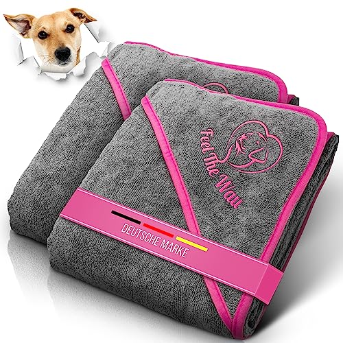 FeelTheWau Hundehandtuch kleine Hunde - 2er Set - Hundehandtuch Extra saugfähig - Hunde Handtuch mit Taschen - Beliebtes Geschenk Hundebesitzer - Design grau pink - 90x50 cm von FeelTheWau