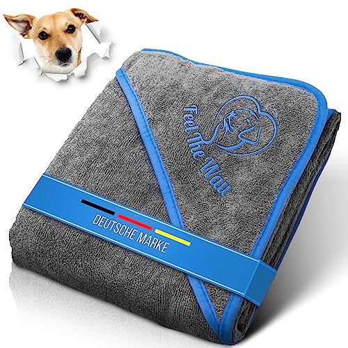 FeelTheWau Hundehandtuch kleine Hunde - Hundehandtuch Extra saugfähig - Für Waschmaschine und Trockner - Hunde Handtuch mit Taschen - Beliebtes Geschenk Hund - Design grau blau - 90x50 cm von FeelTheWau