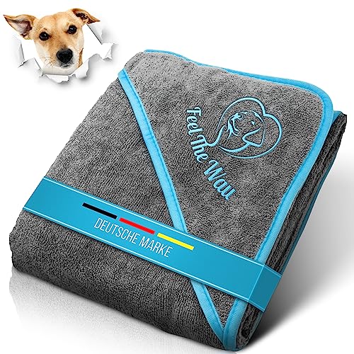 FeelTheWau Hundehandtuch kleine Hunde - Hundehandtuch Extra saugfähig - Für Waschmaschine und Trockner - Hunde Handtuch mit Taschen - Beliebtes Geschenk Hund - Design grau türkis - 90x50 cm von FeelTheWau