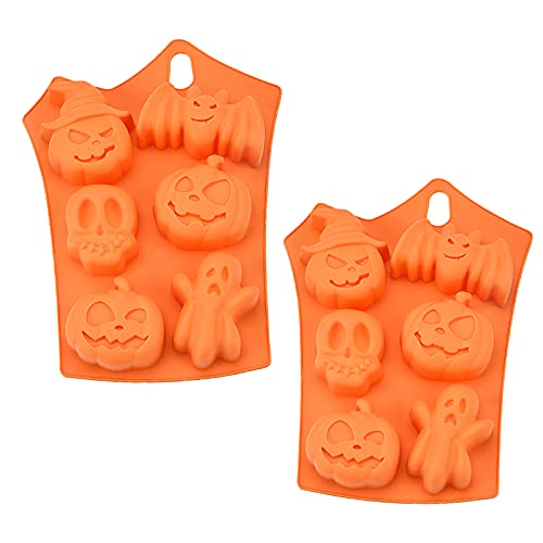 Halloween Silikon Kuchenform,6 Loch Fledermaus Kürbis Gesicht Schädel Geist Silikon Schokolade Zucker Craft Backform für Süßigkeiten Dessert Kerzenherstellung für Halloween Party von Feelava