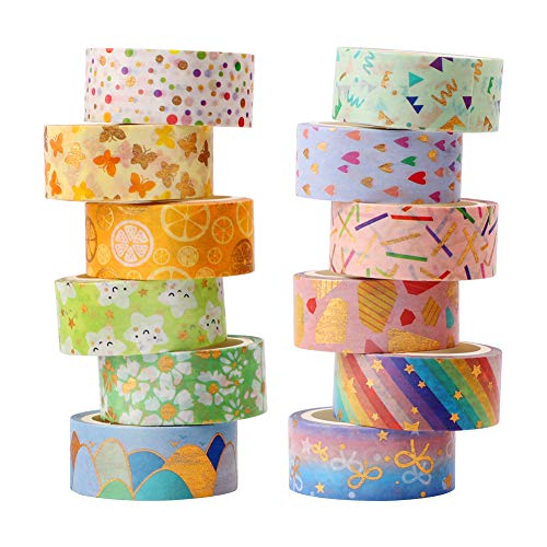 Washi Tape,12 Rollen Washi Klebeband Set Dekoratives Washi-Tape Niedliche Goldfolie Blume Dekorative Masking Tape für DIY Art & Crafts,15mm x 3m von Feelava