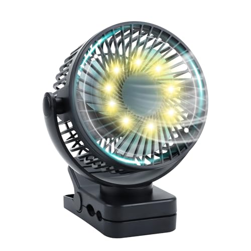 Feelhap 12000 mAh Clip Ventilator,USB Ventilator mit Fernbedienung,Wiederaufladbarer Tischventilator mit LED Licht & Haken & Timer,3 Geschwindigkeiten,Leise Klemmventilator Tragbarer Mini Ventilator von Feelhap