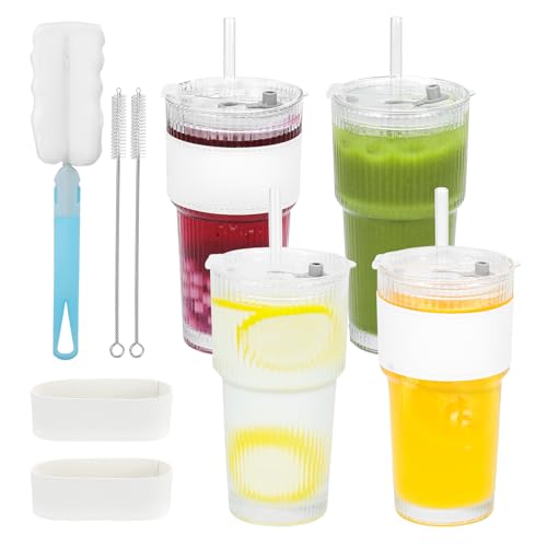 Feelhap 4 Stück 600ml Gerippte Glasbecher mit Deckel und Strohhalm,Smoothie Becher Transparente Gestreifte Glas-Wasserbecher,Luftdicht Wasserdicht Design Kaffeebecher,Longdrinkgläser Set Trinkgläser von Feelhap