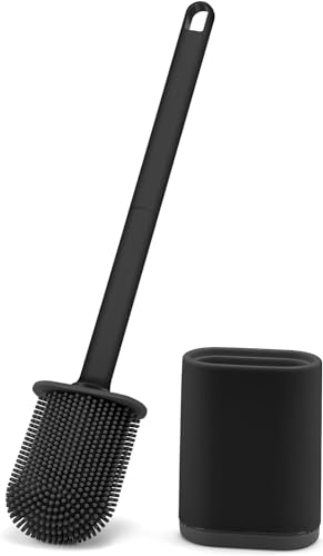 Feelhap Klobürste Silikon,WC-Bürste Silikon Toilettenbürste Set mit Schnell Trocknendem Haltersatz, Flache Toilettenbürste Wandmontage & Stehen für Badezimmer oder Gäste-WC, Schwarz von Feelhap