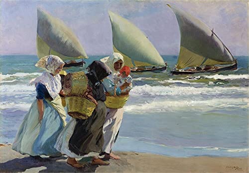 Bild auf gerollter Leinwand, Die drei Kerzen Sorolla Joaquin – Küste horizontal Kunstdruck Frauen Küste Strand Meer Boote Figurative Coasta Leinwand, Kunstdruck, 63 x 94 cm von Feeling at home