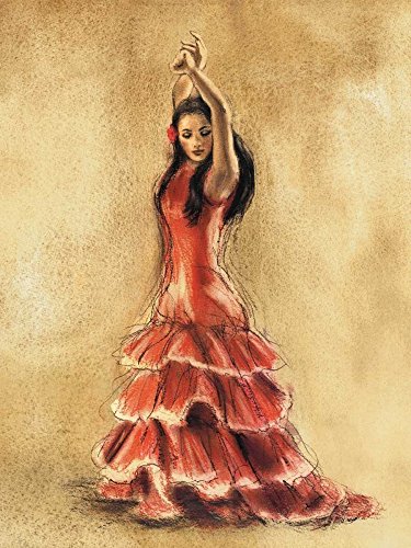 Feeling at home KUNSTDRUCK auf MATTE PAPIER 220gr Flamenco-Tänzerin I Gold Caroline - Tanzen vertikale Poster Beige Red Tänzerin Flamenco Danc Bild auf Papier cm_60_X_45 von Feeling at home