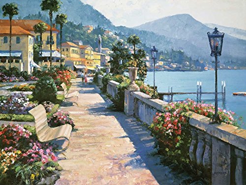 KUNSTDRUCK auf MATTE PAPIER 220gr Bellagio Promenade Behrens Howard - Meer horizontal Poster Bänke Küsten Europa Italien l Bild auf Papier cm_65_X_87 von Feeling at home