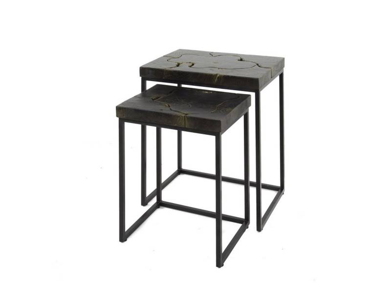 Feeling4Home Beistelltisch 2er-Set Beistelltisch Strimflaw - recyceltes Teakholz Schwarz, Unikate mit Goldakzenten von Feeling4Home