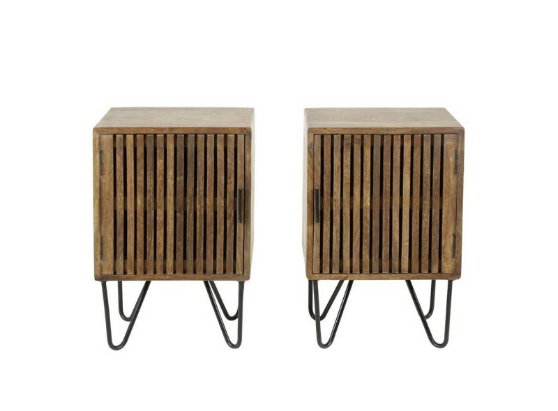 Feeling4Home Nachttisch 2er-Set Nachttisch Tamil - Mangoholz massiv Braun, 1 Tür, 2er-Set (links und rechts gespiegelt) in Lamellen-Design von Feeling4Home