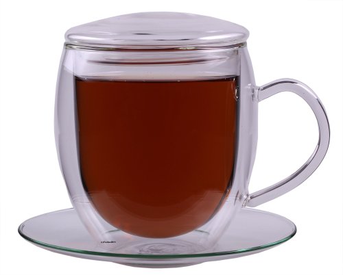 Feelino Teetasse aus Glas Doppelwandig, Teegläser mit Henkel und Untertasse, 400ml Doppelwandige Teegläser, 1x Teeglas mit Deckel, Spülmaschinenfeste Thermo-Teegläser, Tee Gläser mit Schwebe-Effekt von Feelino