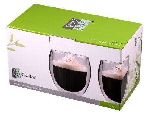 Feelino Latte Macchiato Gläser Doppelwandig, 2er-Set Kaffee Gläser, Doppelwandige Thermo-Gläser, Isolierte Cappuccino Tassen aus Glas, Handgemachtes Glas für Tee und Eiskaffee, 400ml Kaffeegläser von Feelino