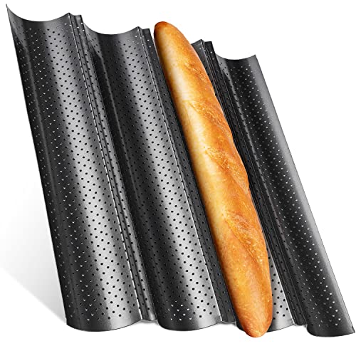 Feelino Backformen, Baguette Backform aus Carbonstahl, Spülmaschinenfestes 4er Baguette-Backblech, Baguetteblech mit 4 Mulden, Brötchen Backform Gelocht, Brot Backen Zubehör, Antihaft Metall-Backform von Feelino