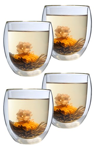 Feelino 4x Teetasse aus Glas Doppelwandig, Teegläser mit 1x Teeblume, 400ml Doppelwandige Teegläser, Teeglas Spülmaschinenfest, Thermo-Teegläser, Tee Gläser mit Schwebeeffekt & Weißer Tee Erblühtee von Feelino