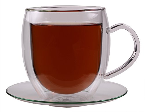 Feelino Teetasse aus Glas Doppelwandig, 1x Teegläser mit Henkel und Untertasse, 270ml Doppelwandige Teegläser, Isoliertes Teeglas, Spülmaschinenfeste Thermo-Teegläser, Tee Gläser mit Schwebe-Effekt von Feelino