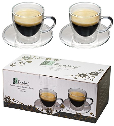 Feelino Espressotasse Glas Doppelwandig, Espresso Gläser im 2er-Set, Glas-Espressotassen mit Untertasse, 80ml Doppelwandige Gläser, Espressotassen Durchsichtig, Spülmaschinenfeste Kaffeegläser von Feelino