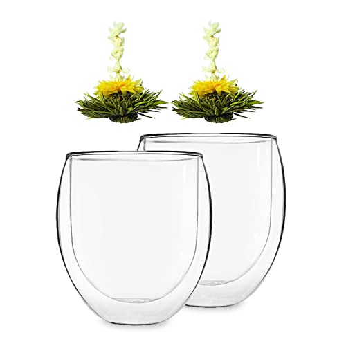 Feelino 2x Teetasse aus Glas Doppelwandig, Teegläser mit 1x Teeblume, 320ml Doppelwandige Teegläser, Teeglas Spülmaschinenfest, Thermo-Teegläser, Tee Gläser mit Schwebeeffekt & Weißer Tee Erblühtee von Feelino