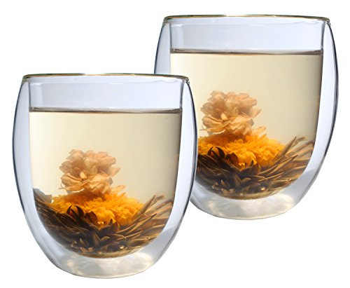 Feelino 2x Teetasse aus Glas Doppelwandig, Teegläser mit 1x Teeblume, 400ml Doppelwandige Teegläser, Teeglas Spülmaschinenfest, Thermo-Teegläser, Tee Gläser mit Schwebeeffekt & Weißer Tee Erblühtee von Feelino