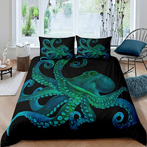 3D grünes Oktopus-Bettbezug-Set für Kinder und Erwachsene mit Meeresmotiven, Bettdeckenbezug, Unterwasser-Tier-Bettwäsche, Raumdekoration, Tagesdecke, volle Größe von Feelyou