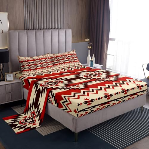 Bohemian Bed Sheet Set for Girls Boys Children Kids Adults Aztec Fitted Sheet Boho Exotic Bedding Set Western Ethnic Tribal Geometric Room Decor Indianer Bed Cover Sheet Sets Twin Size 3 Stück von Feelyou