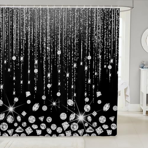 Duschvorhang mit grauem Glitzer-Diamantdruck (kein Glitzer) Ombré-Galaxie-Dekorstoff, Duschvorhang für Teenager, Mädchen, modernes Badezimmer, wasserdichtes Zubehör mit 12 Haken, graue Luxus-Vorhänge von Feelyou