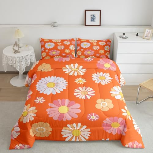 Feelyou 60er 70er Jahre Groovy Tröster-Set Kinder Retro Hippie Blume Tröster für Jungen Teenager Vintage Boho Pflanze Floral Bettwäsche-Set Botanische Blüte Orange Bettwäsche-Set King Size 3-teilig von Feelyou