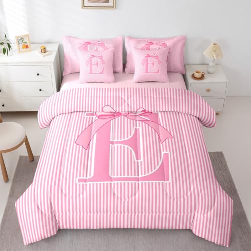 Feelyou Bettwäsche-Set für Mädchen, rosa Schleife, 7-teilig, volle Größe, verträumte geometrische Schleife, Bettwäsche-Set für Kinder, Jungen, Mädchen, personalisierter Buchstabe E, Bett in einer von Feelyou