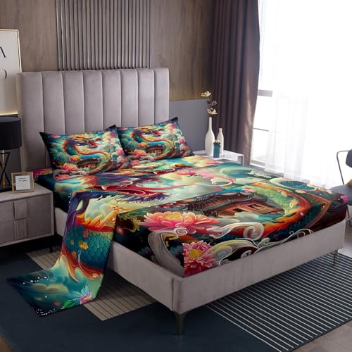Feelyou Bettwäsche-Set mit Drachen-Motiv, King-Size, 3D-Drachen-Thema, Bettlaken-Set für Kinder, Jungen, Dekor, tiefes Tier, antikes Wildtiere, Drache, japanischer Stil, Blumenmuster mit tiefen von Feelyou