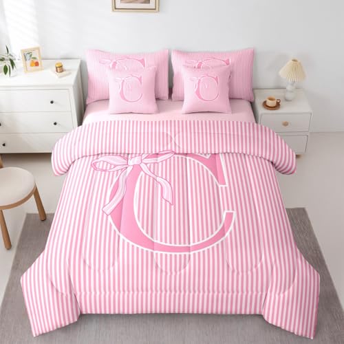 Feelyou Bettwäsche-Set mit Schleife, 7-teilig, volle Größe, verträumte Prinzessinnen-Schleife, Bett in einer Tasche, für Kinder, Jungen, Mädchen, personalisierbar, Buchstabe C, Schlafzimmer-Dekor von Feelyou