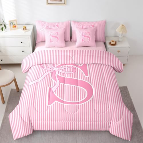 Feelyou Bettwäsche-Set mit rosa Schleife, 7-teilig, volle Größe, verträumte Prinzessinnen-Schleife, Bett in einer Tasche, für Kinder, Jungen, Mädchen, personalisierbar, Buchstabe S von Feelyou