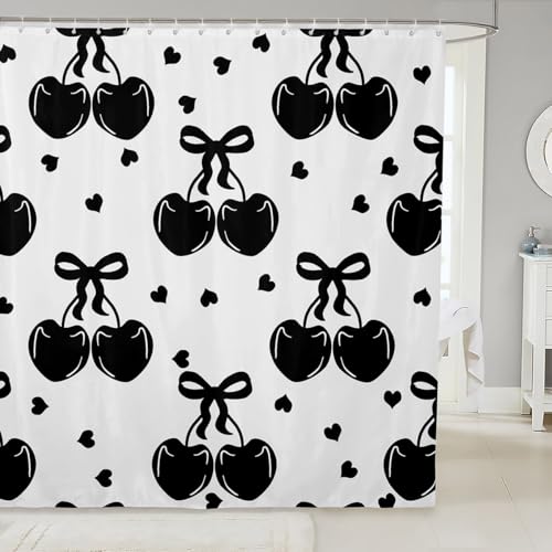 Feelyou Duschvorhang mit Cartoon-Schleife, Kirsch-Motiv, schwarze Fliege, Knoten, Stoff-Duschvorhang, Mädchenzimmer-Dekor, Obst-Kirsch-Herz-Druck, Badezimmer, wasserdichtes Zubehör mit 12 Haken Feelyou Duschvorhang mit Cartoon-Schleife, Kirsch-Motiv, schwarze Fliege, Knoten, Stoff-Duschvorhang, Mädchenzimmer-Dekor, Obst-Kirsch-Herz-Druck, Badezimmer, wasserdichtes Zubehör mit 12 Haken von Feelyou