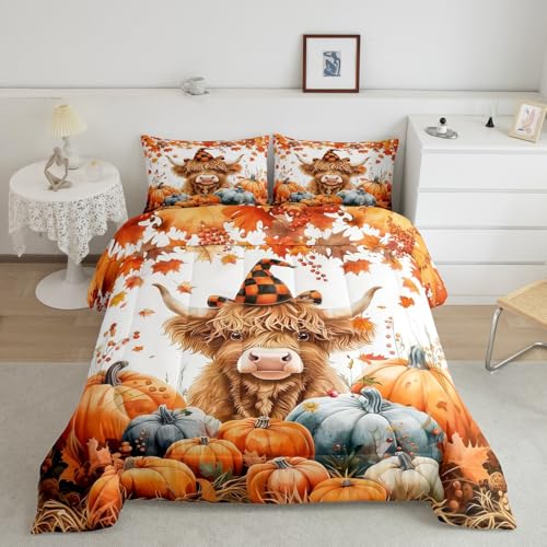 Feelyou Herbst-Bettwäsche-Set für Mädchen, Jungen, Kinder, volle Größe, Ahornblätter, Kürbis, Bettdeckenbezug, Raumdekoration, Hochlandkuh, Bettbezug-Set, Orange / Weiß von Feelyou