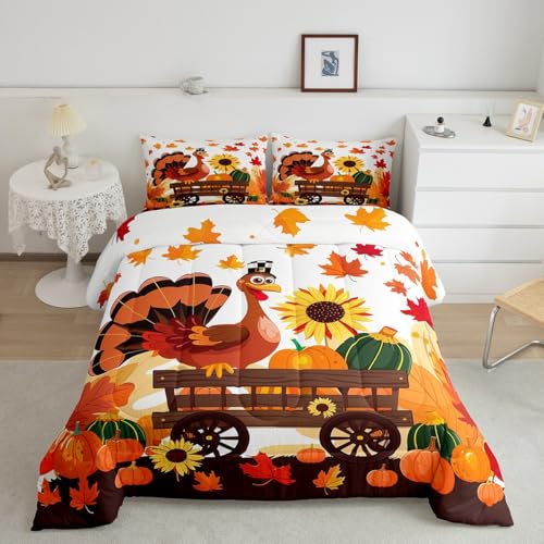 Feelyou Herbst-Bettwäsche-Set für Mädchen, Jungen, Kinder, volle Größe, Ahornblätter, Kürbis, Bettdeckenbezug, Raumdekoration, Türkei, Erntedankfest, Gänseblümchen, Bettbezug, Weiß / Orange von Feelyou