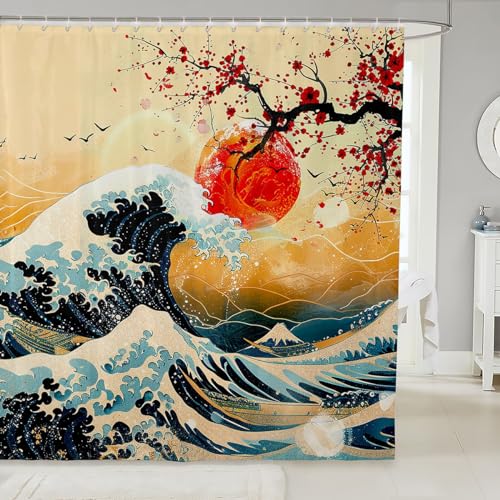 Feelyou Japanischer Wellen-Duschvorhang, 182,9 x 198,1 cm, für Kinder, Kirschblüten, Badezimmer-Duschvorhang-Set für Jungen und Mädchen, japanisches Ukiyoe-Thema, Heimdekoration, Badvorhang, rote Feelyou Japanischer Wellen-Duschvorhang, 182,9 x 198,1 cm, für Kinder, Kirschblüten, Badezimmer-Duschvorhang-Set für Jungen und Mädchen, japanisches Ukiyoe-Thema, Heimdekoration, Badvorhang, rote von Feelyou