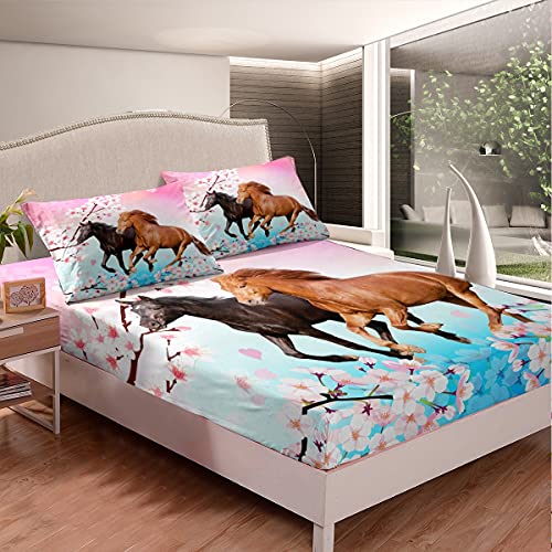 Feelyou Kids Horse Bedding Set Chic Cherry Blossom Bed Sheet Set for Girls Teens Galopping Horse Printed Fitted Sheet 3D Wild Animal Bed Cover Bedroom Decor 2Pcs Twin Size von Feelyou